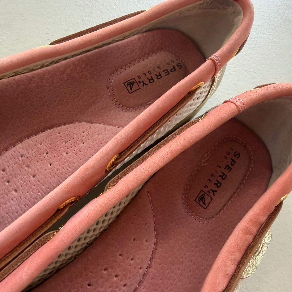 Sperry TopSider Women 9.5 Pink Tan Gold Leather Mesh Angelfish Boat Shoes Preppy - Picture 7 of 15